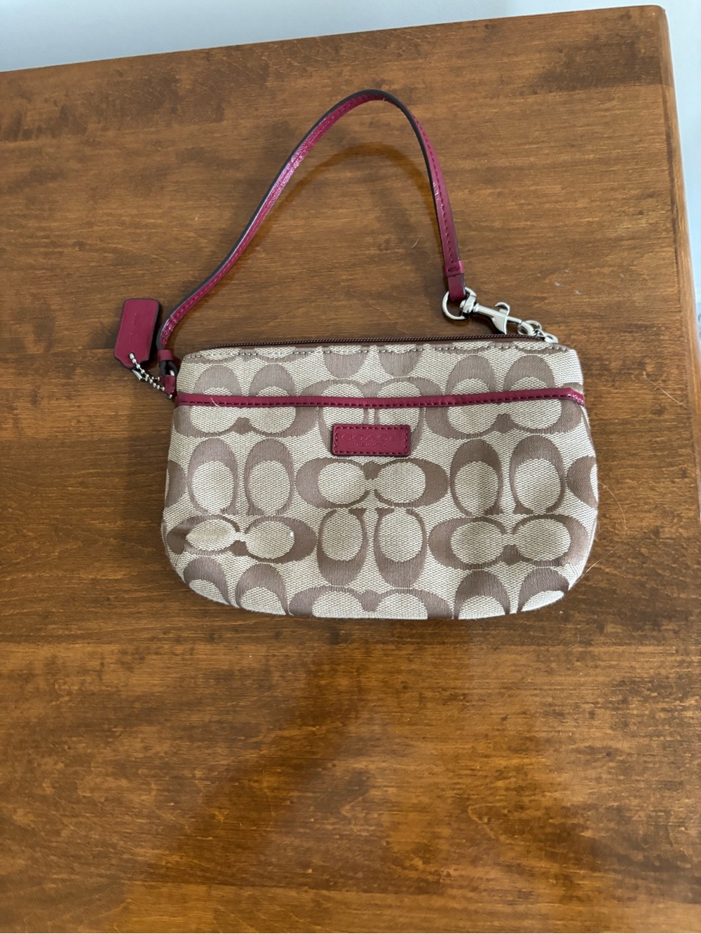 Coach Signature Canvas Wristlet in Khaki with Pink Trim